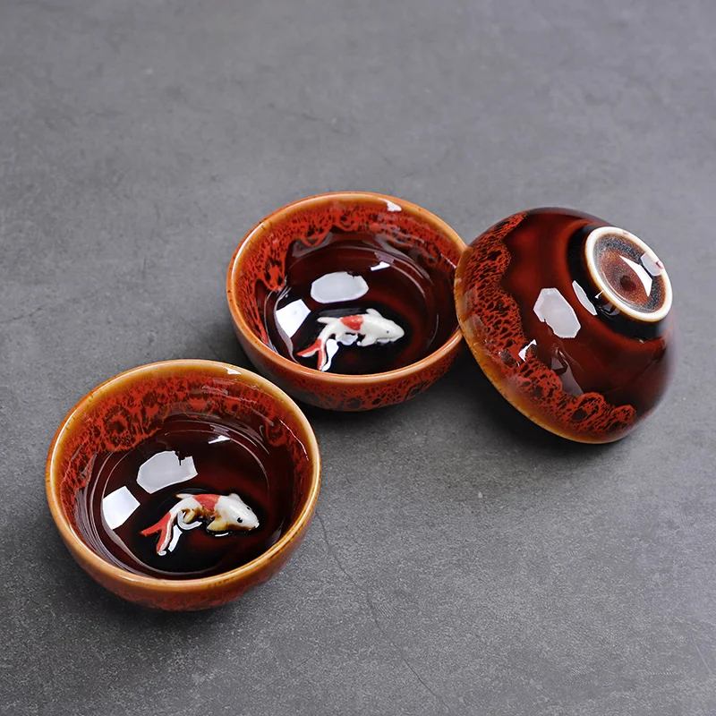 Celadon Fish Cute Teacup, Chinese Kungfu Tea Cup, Home Office, 3Pcs Set