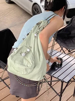 

Women Backpack Fashion Nylon Beading Chain Drawstring Handbag Trendy Korean Shoulder Bag Light Y2k Travel Backpacks For Women