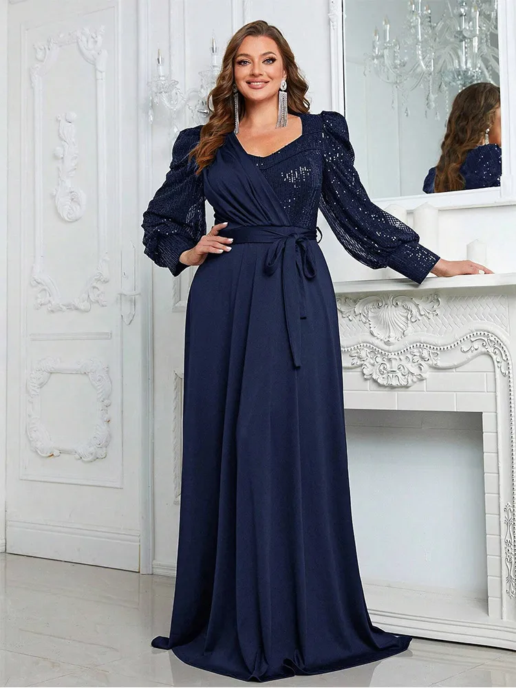 

Plus Size V-Neck Long-Sleeved Dark Green Sequin Floor-Length Strappy Women's Multi-Color Banquet Festival Evening Dress Women