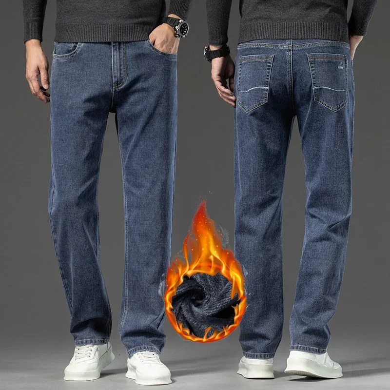 New Winter Men Plus Size Warm Fleece Stretch Straight Denim Jeans Male Plush Business Pants Casual Thick Velvet Regular Trousers 3