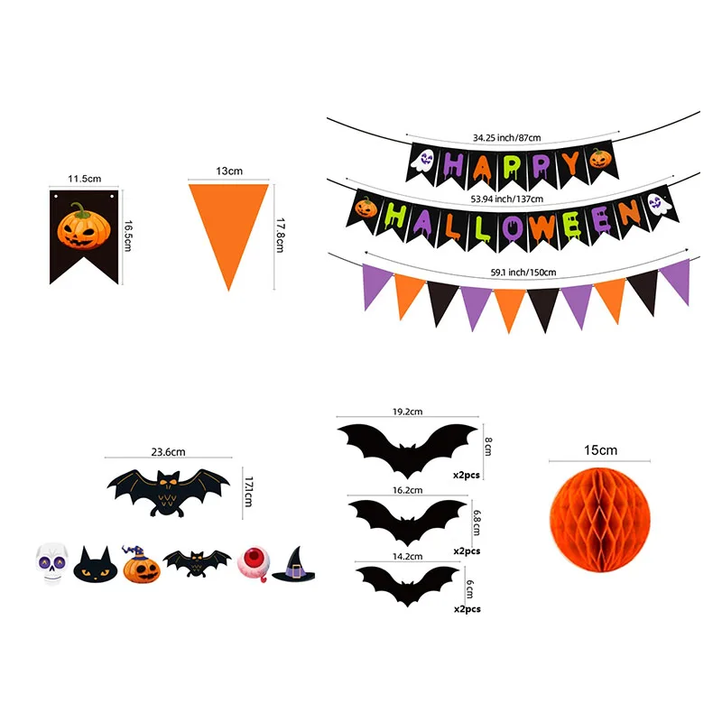 Horror Theme Halloween Decor Set: Pumpkin Witch Bat Skull Banner Garland Flags for Home Hanging and Party Decorations