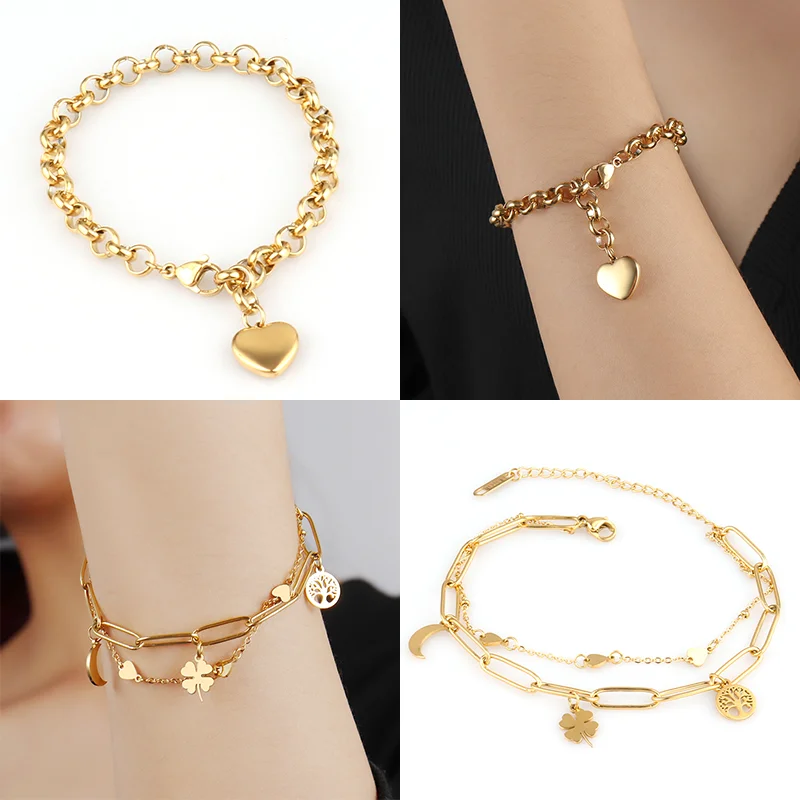 Chain Bracelet Stainless Steel Bracelets Stainless Steel Jewelry Women Bracelet Stainless Steel Bracelet For Women Double Layer Chain Bracelet Heart Pendant Bracelets Bohemian Lock Jewelry Gift