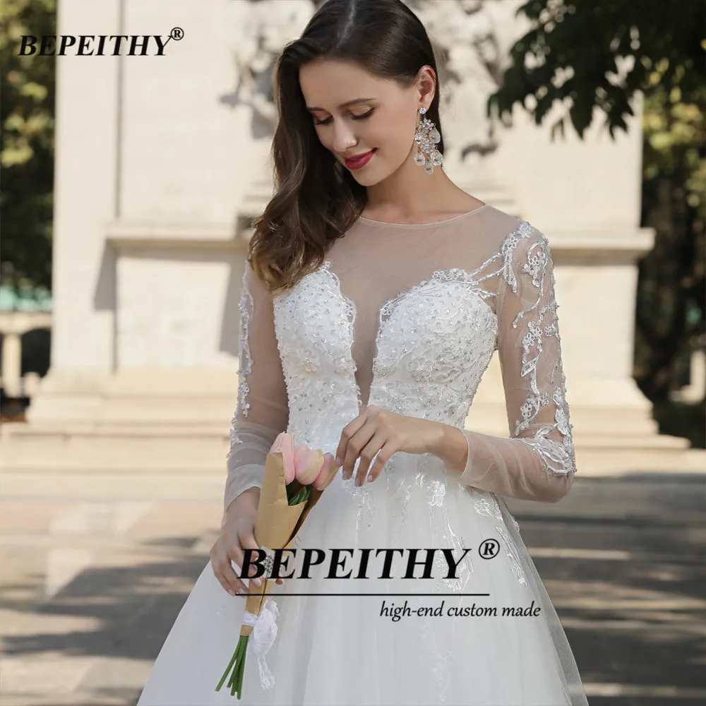 BEPEITHY Customized Pastrol O Neck Lace Modern Wedding Dresses For Women A Line Long Sleeves Wedding Dress Beach Bridal Gown 3