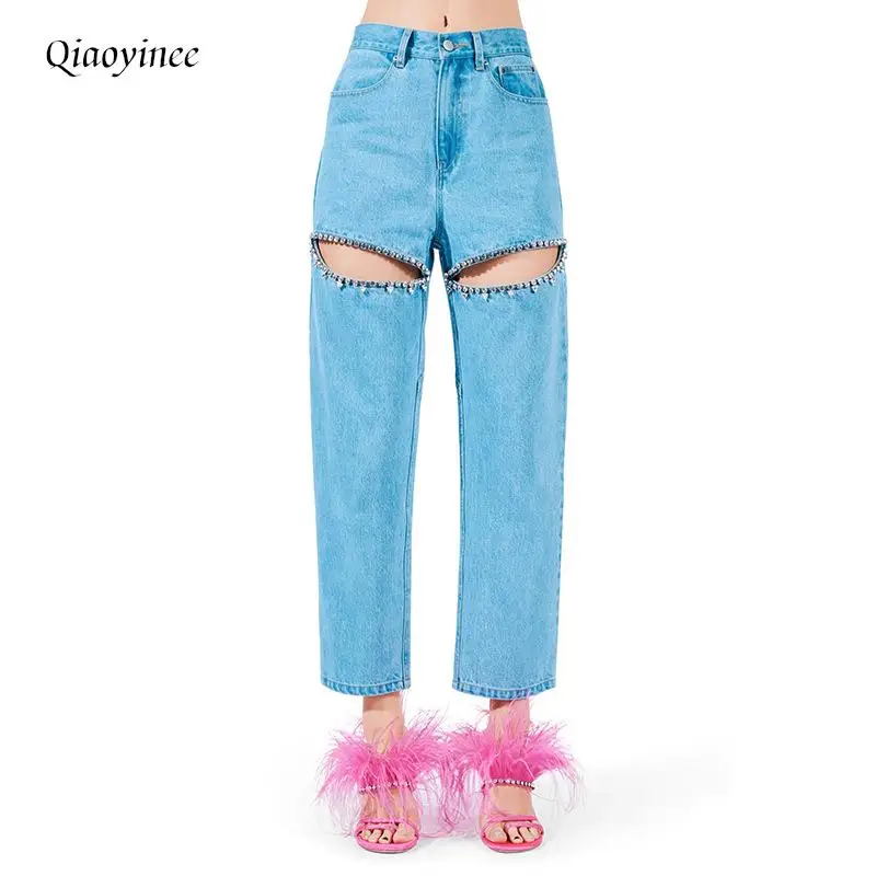 

New Women's High-Waisted Jeans Nine-Point y2k Fashion High Street Diamond-Studded Hollowed Out Straight Leg Pants Spring Summer