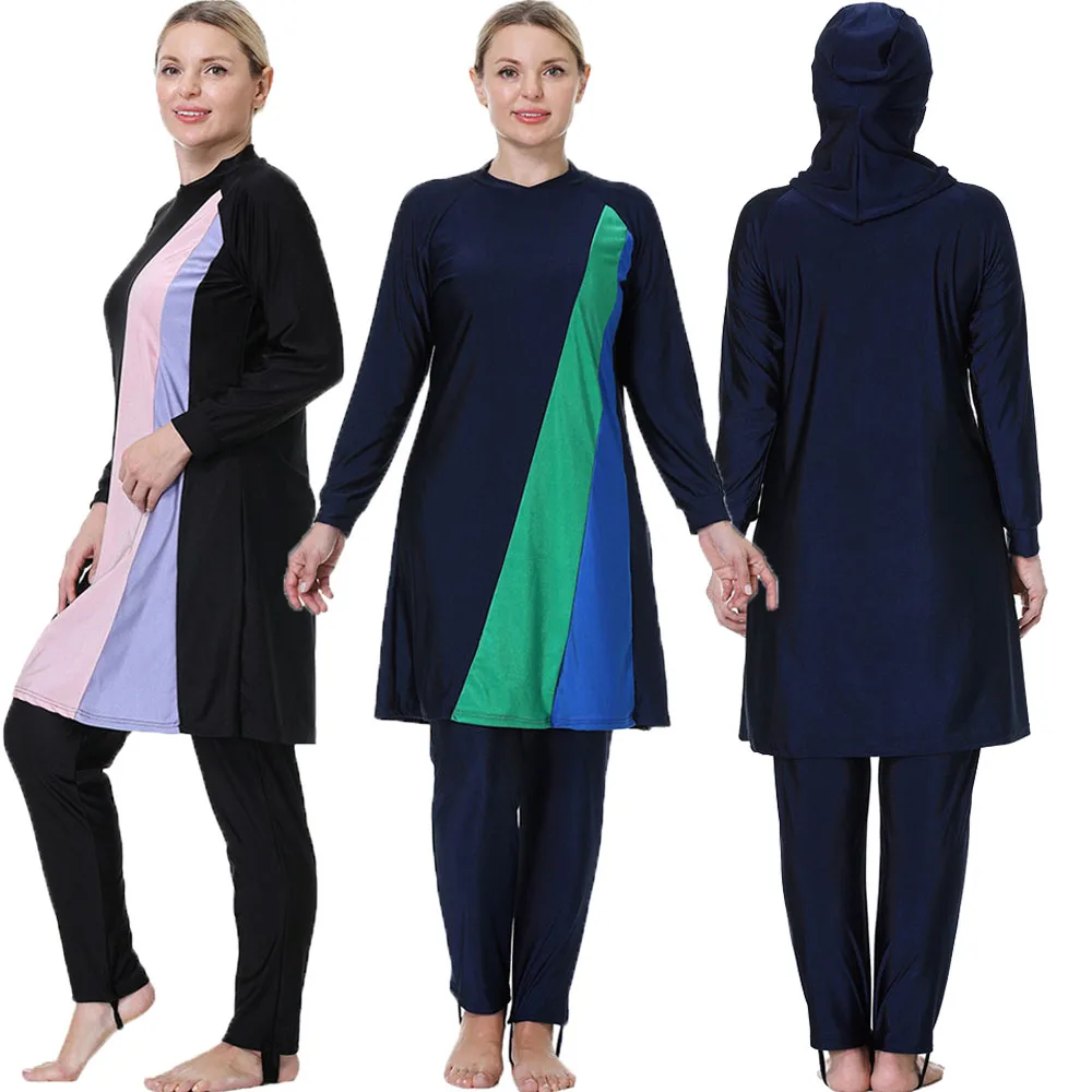 

Plus Size 8XL Plain Muslim Swimwears Women Swimsuit Modest Three Piece Long Sleeves Islam Burkinis Wear Bathing Sports Swimsuit