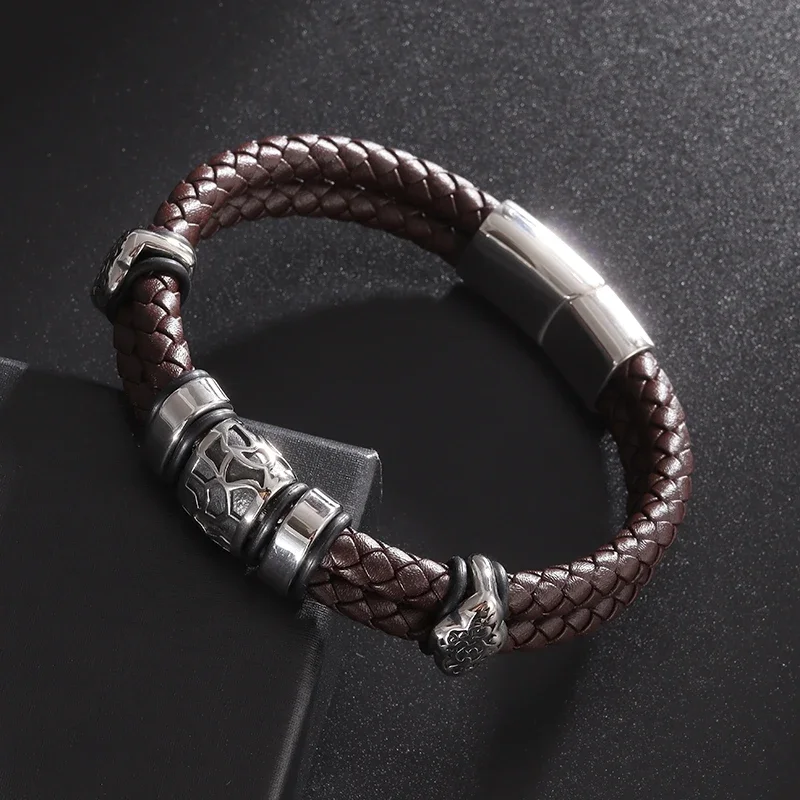 Double Layer Punk Brown Braided Leather Bracelet for Men Metal Magnetic Clasp