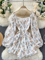 Korean New Spring Summer Women's Jumpsuit Dress V-neck Puff Sleeves Sweet Folds Slim Slimming Floral Wide-leg Shorts UK770 - Image 4