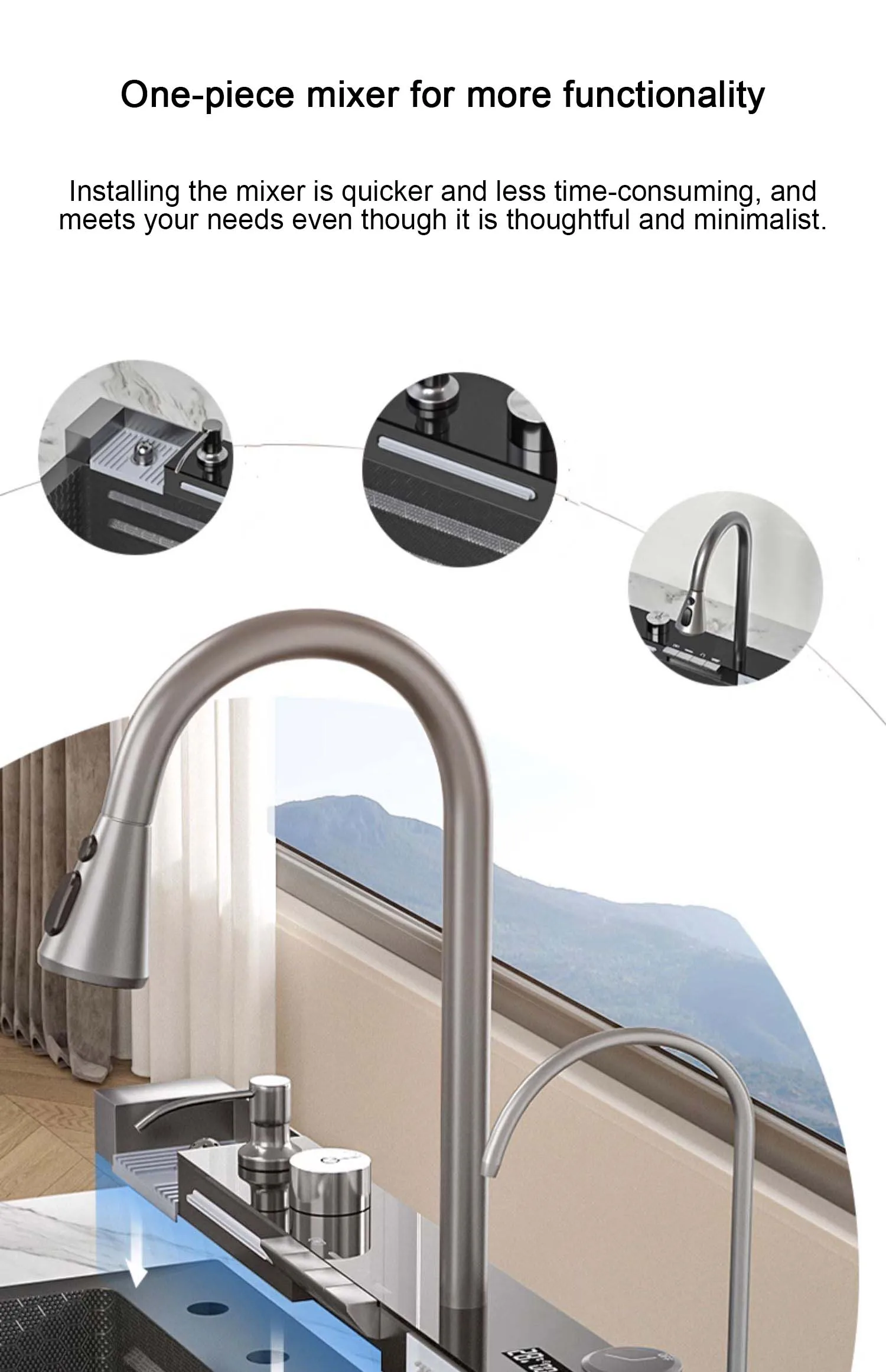 Description Picture 5 of item5MM thickness SUS304 Stainless Steel Waterfall Kitchen Sink Large Single Slot Integrated Digital Display Faucet Set Cup Washer