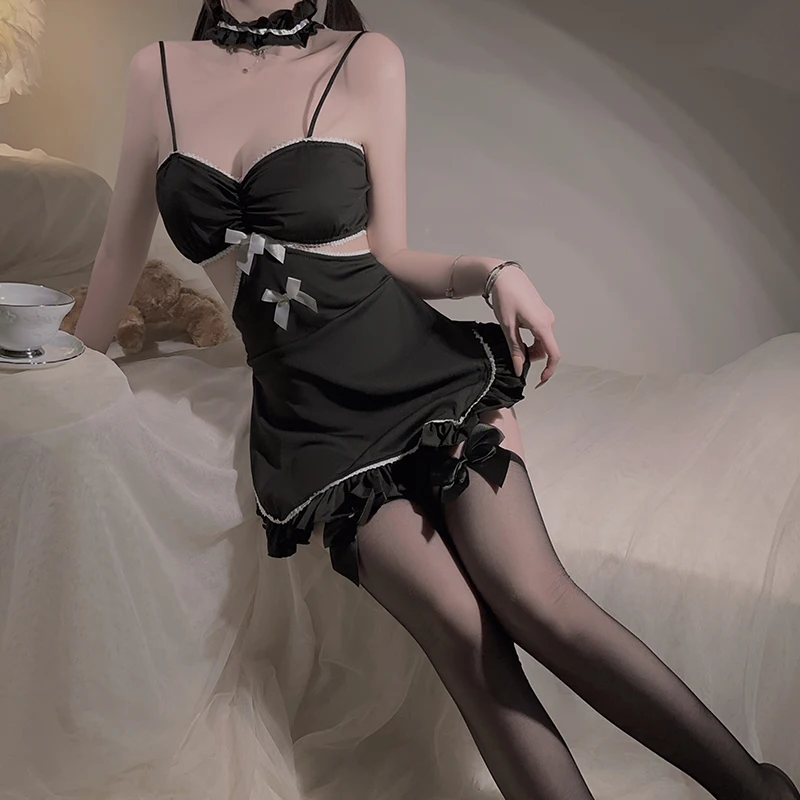 SXTHAENOO Sexy Lingerie Cute Maid Underwear Bra Skirt Panties Set Women Erotic Mesh Dress Badydoll Girls Porno Role Play Clothes