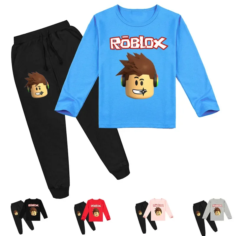 

Новая популярная детская одежда, футболка с коротким рукавом и мультяшным принтом ROBLOX + брюки для девочек среднего и старшего возраста