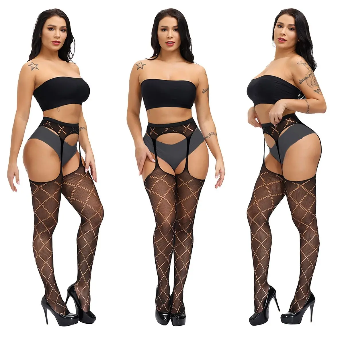 Description Picture 4 of itemWomen Sexy Fishnet Stockings High Waist Transparent New Mesh Tights With Garter Belt Hollow Pantyhose Crotchless Erotic Lingerie