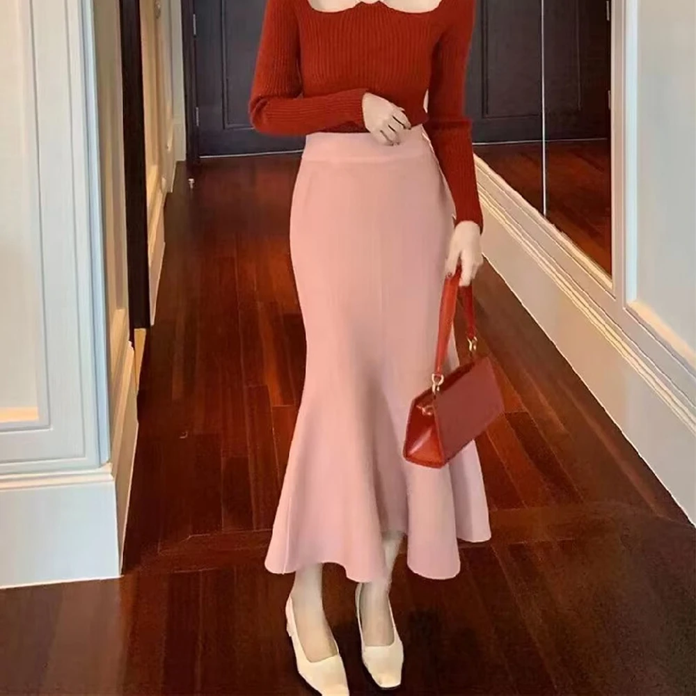 

Women Knitted Midi Skirt Elegant Black A-Line High Waist Pleated Long Skirt Korean 2023 Spring Autumn Winter Faldas Femme RS1185