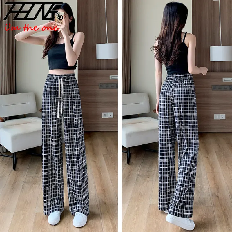 

Women's Pants High Waist Ropa De Mujer Wide Leg Summer Trousers Plaid Tie Dye Holiday Loose Casual Korean Style Vintage Pants