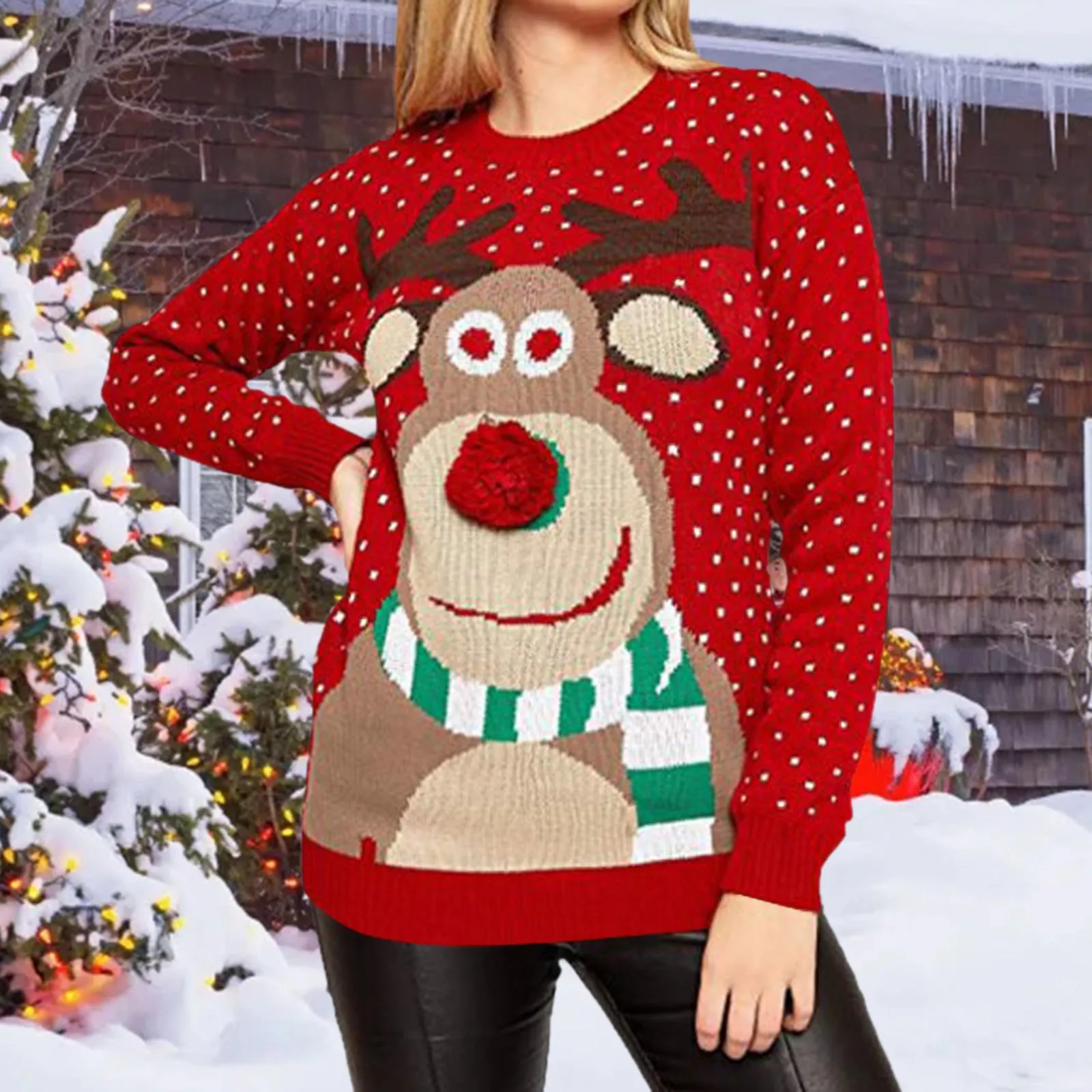 

Christmas New Knitting Pullover Sweater Long Sleeve Loose Crewneck Deer Pullovers Autumn Winter Soft Jumpers For Women 2023