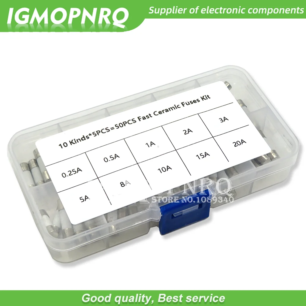50 Pz/Scatola 10 Tipi Veloce Ceramica Fusibili Kit Di 250V 5Mm X 20 Millimetri 0.25A 0.5A 1A 2A 3A 5A 8A 10A 15A 20 Amp Tubo Del Fusibile Assortimento