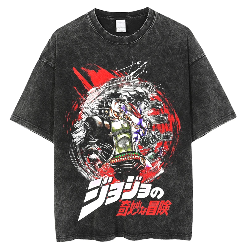 

Anime JoJo's Bizarre Adventure Vintage Washed Tshirts jojo T Shirt Harajuku Oversize Tee Cotton fashion Streetwear