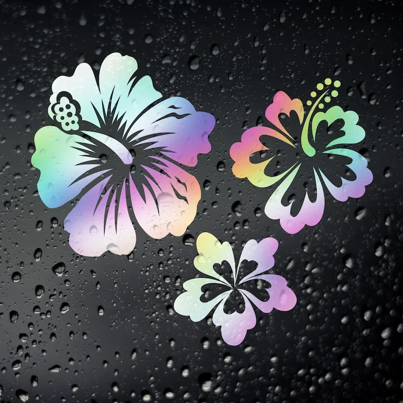 

Hawaiian Lei Hibiscus Flowers x 3 Oil Slick Chrome Sticker - Campervan Surf Skate Hawaii Wakeboard Rat Look Cal Look