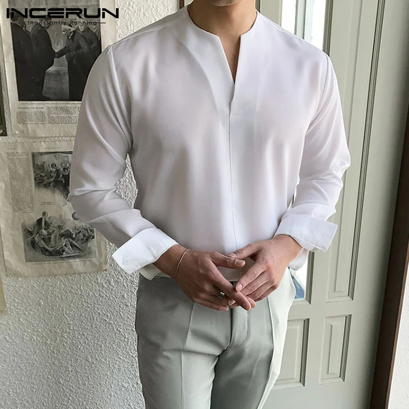 INCERUN 남성용 캐주얼 용수철 블라우스, 얇은 긴팔 셔츠, 루즈한 세련된..
