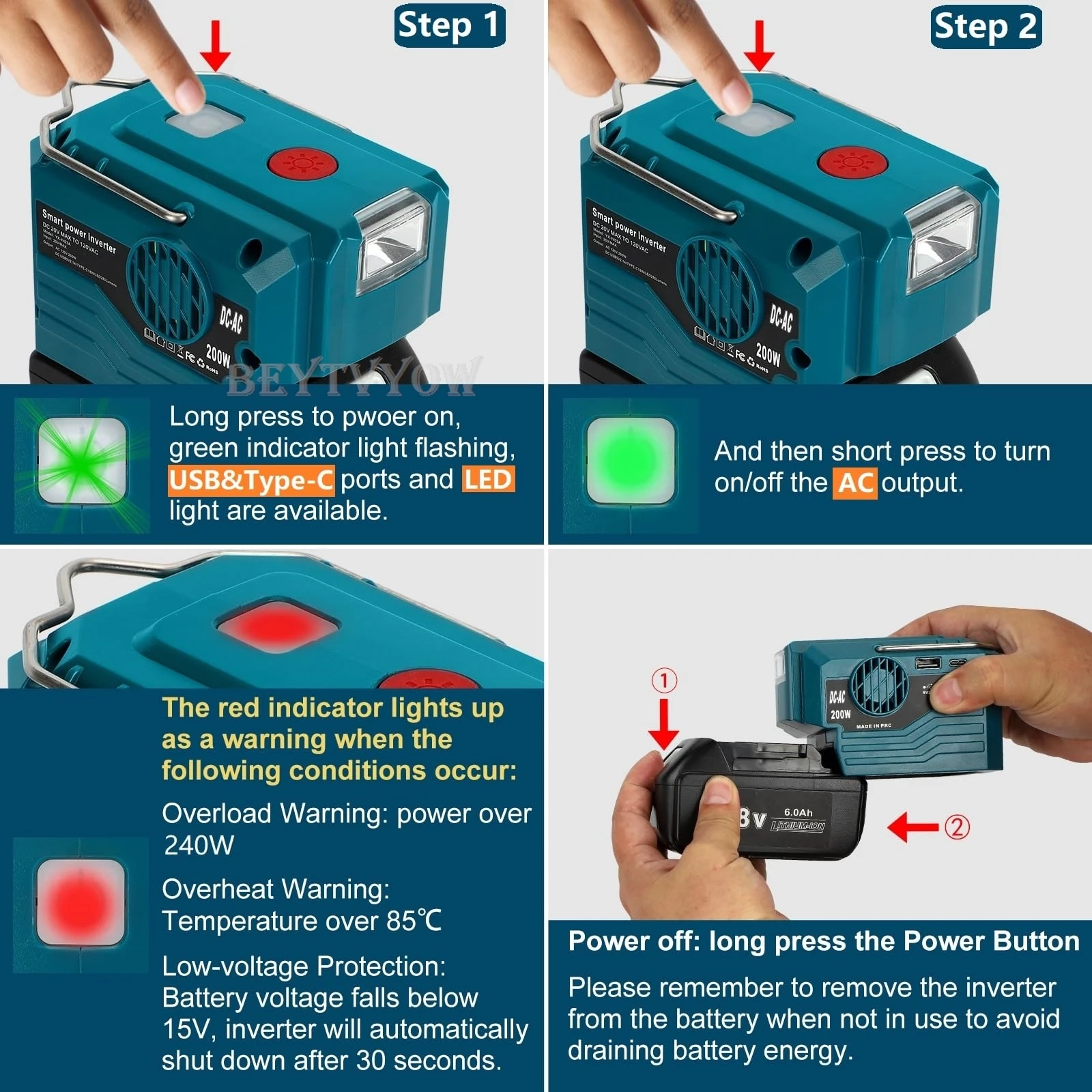 200W Power Inverter for Makita 18V Battery Modified Sine Wave Power Inverter Con