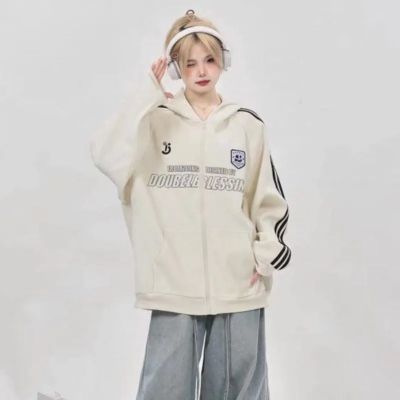 2024 New Spring Autumn Hooded Coat Student Women Casual Fashion Striped Comfortable Outwear Retro Oversize Jacket Large Size Top