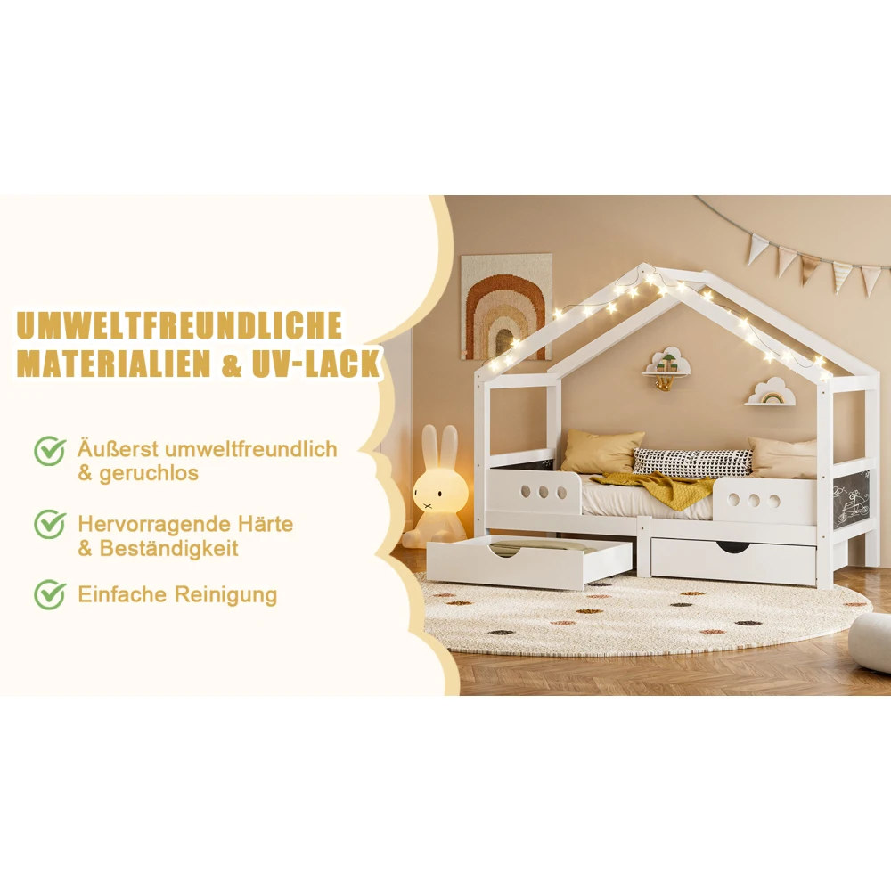 Kinderbett mit Dachdesign, 2 große Schubladen und stabiler Holz-MDF-Rahmen, tragend bis zu 120 kg, geeignet für Matratzen mit 90 x 200 cm – Detail 18