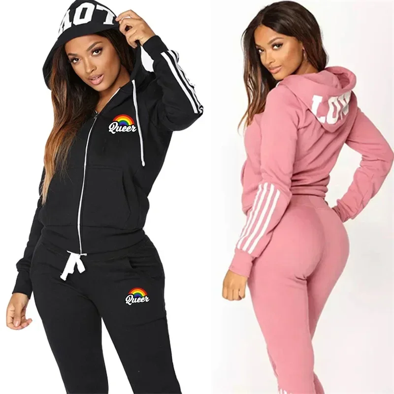 Women Casual Tracksuit Slim Fit Long Sleeve Zip Jacket Sport Sweatsuits Hoodies+Sweatpants 2 Pieces Sets Female Outfits