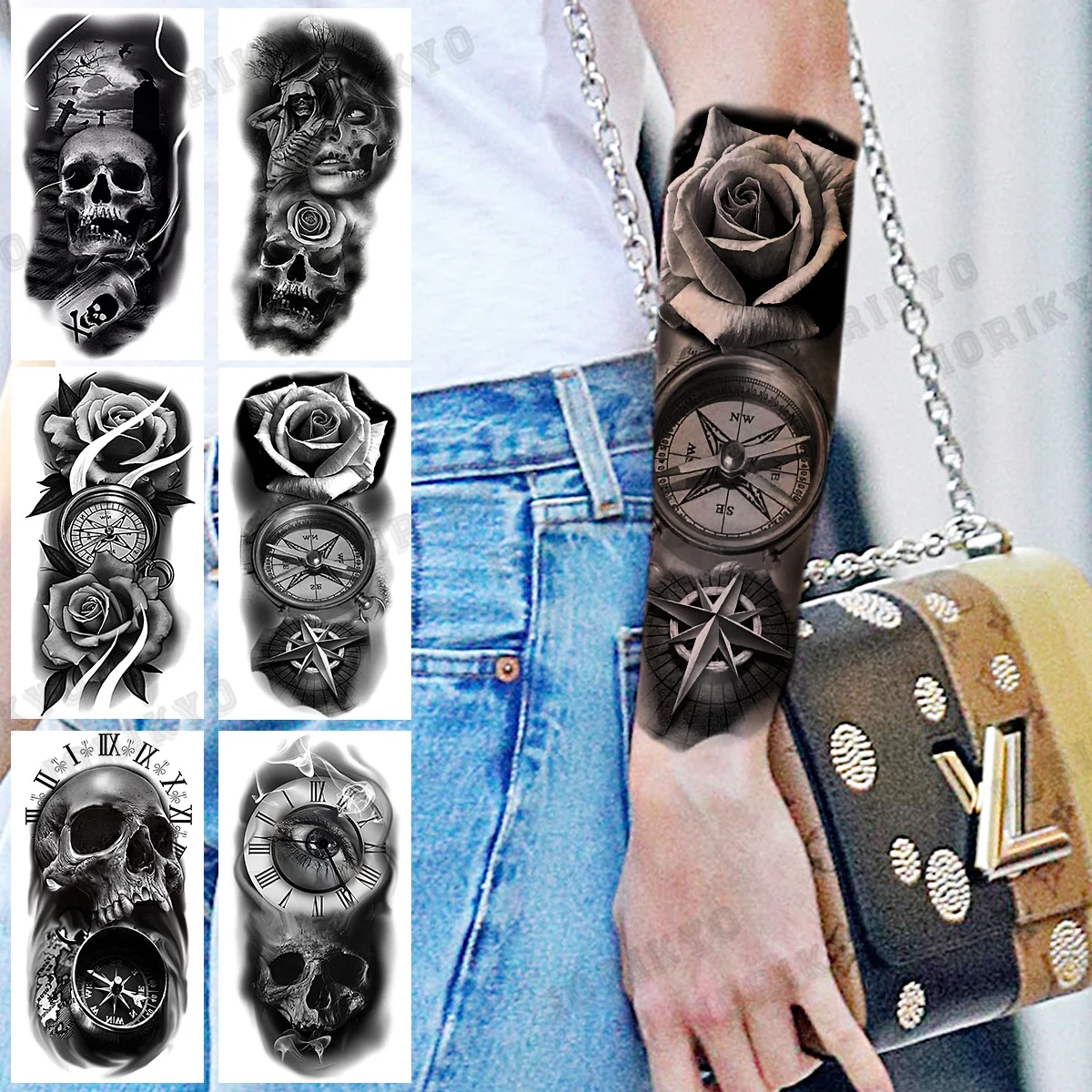 

Realistic Rose Flower Compass Anchor Temporary Tattoos For Women Adult Men Skull Skeleton Fake Tattoo Body Art Decoration Tatoos