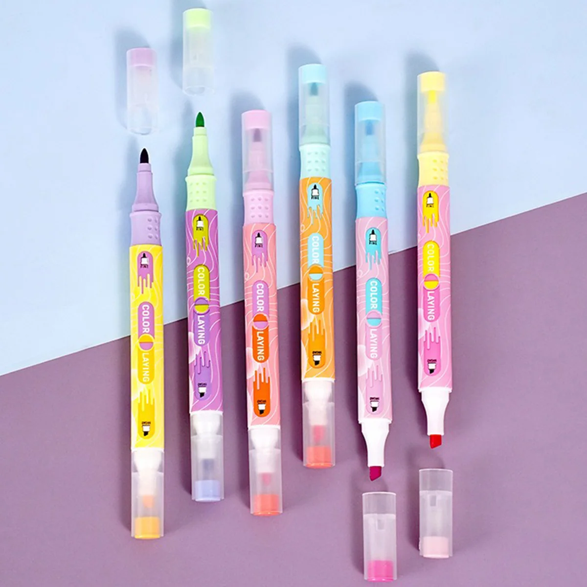 6 Packs SET Double-head Highlighter Repeatable Color Key Marks Kawaii Korean Stationery Office Culture and Education Supplies