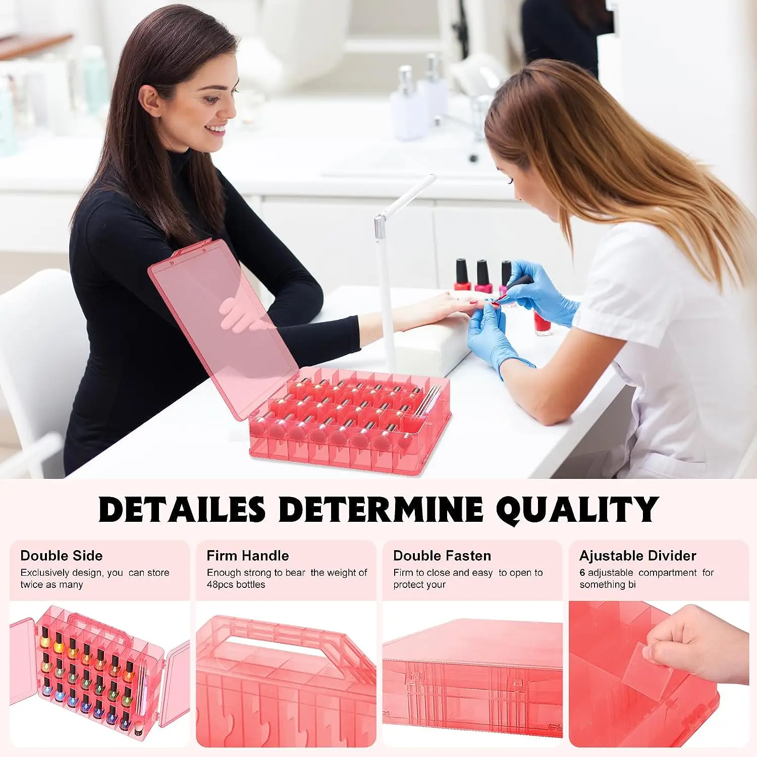 Portable Nail Polish Organizer Clear Double Side Nail Polish Holder Gel Nail Storage for 48 Bottles with 6 Adjustable Dividers