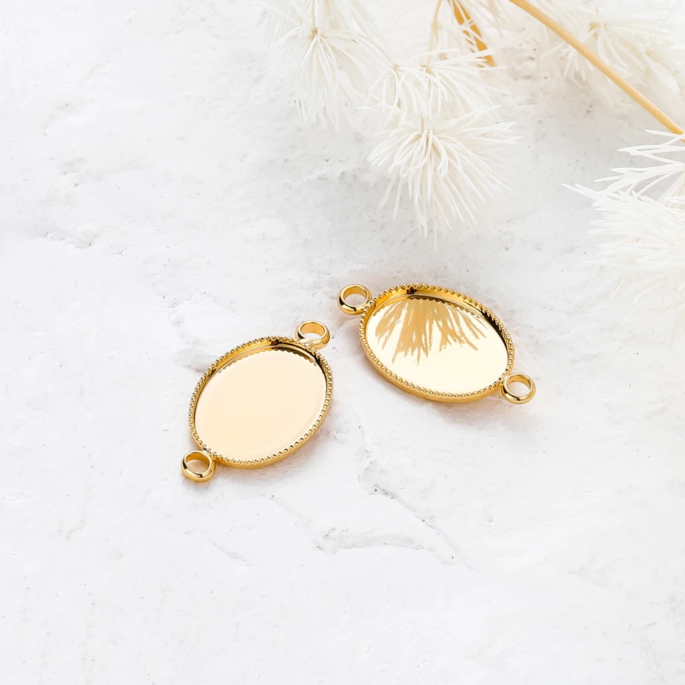 10 Stück 14K 18K vergoldeter Cabochon mit Doppelloch-Anhängerbasis, leere Tablett-Lünette, DIY handgefertigter Anhänger, Schmuckherstellung – Detail 5