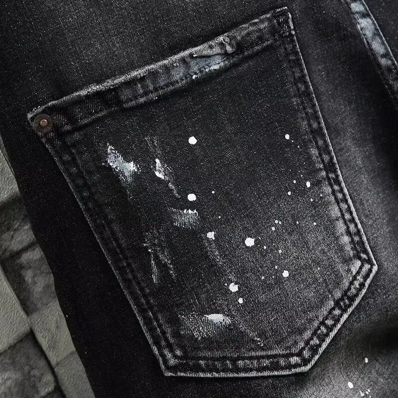 2025 Denim Shorts Men's Summer Trend Brand Printed Embroidered Trend Slim-Fit Casual Elastic Black Trousers Man Jeans Pants 2