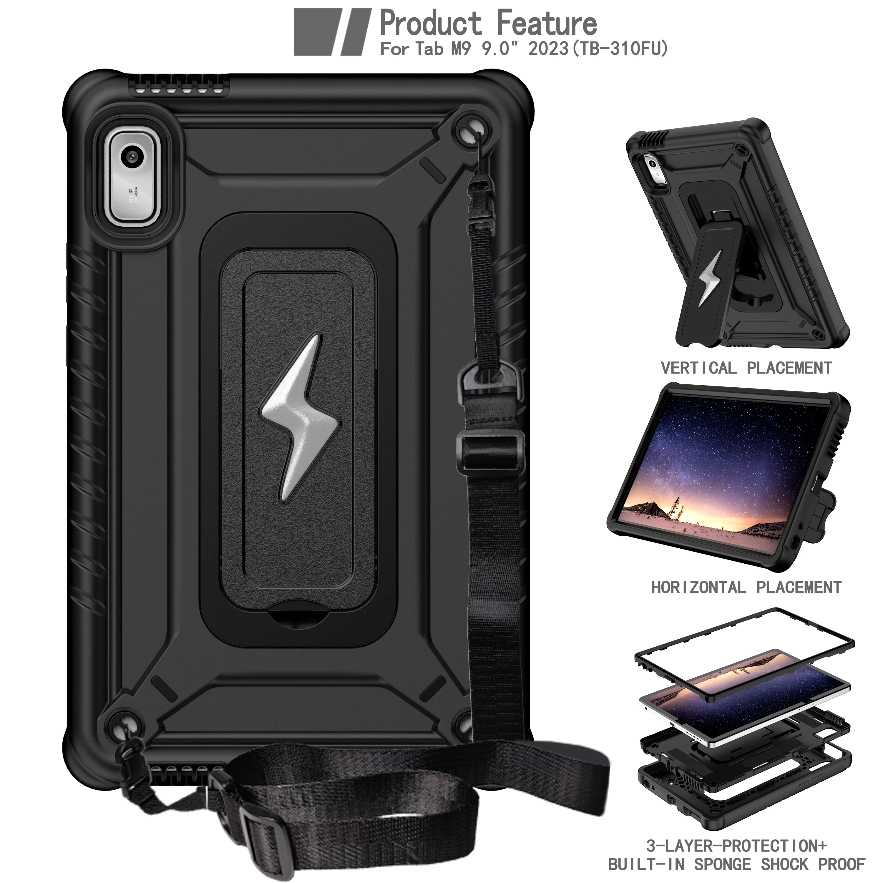 Shockproof Hybrid Tablet Case with Kickstand and Shoulder Strap