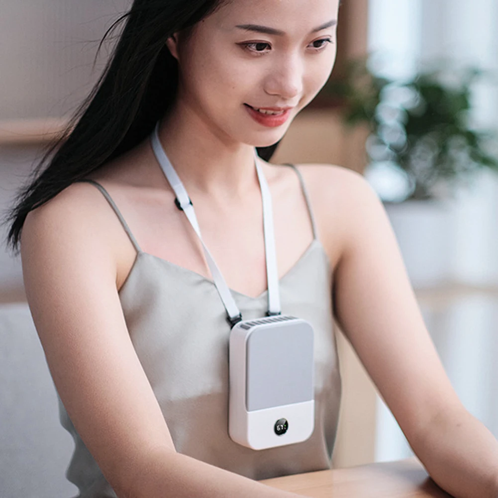 Small Electric Fan USB Rechargeable Mini Hanging Neck Fan 3 Wind Speed Portable Air Cooler Digital Display for Indoor Outdoor