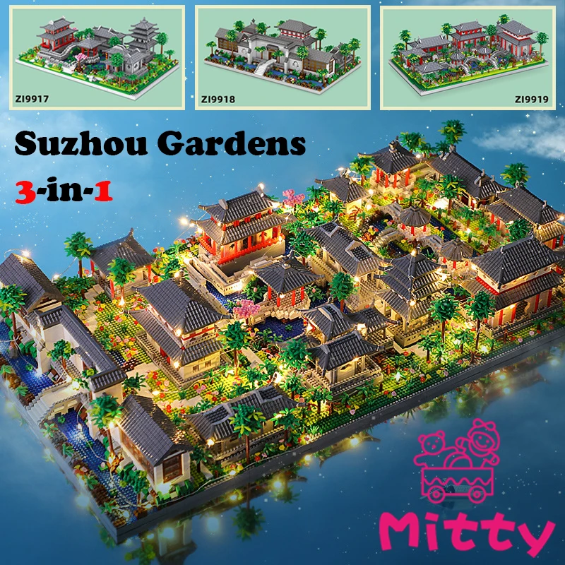 Lezi Architecture Ancient Pavilion Temple Tower Lake Garden Gate LED Light Model Mini Diamond Blocks Bricks Building Toy building blocks