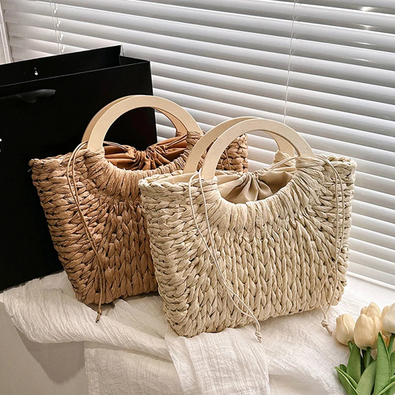 Wooden Handle Basket Bag Paper Woven Women Handbags Handmade Summer Beach Bag Casual Holiday Purses