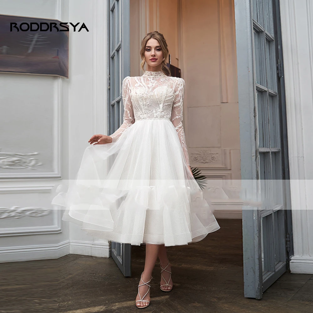 green emerald velvet dress Tea Length Sleeves Ethereal Modern A-Line V-Neck Button Back Wedding D