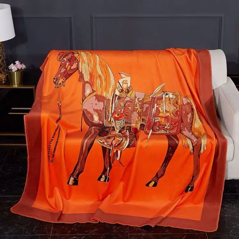 

European Luxury Blanket Thickened Soft Casual Shawl Orange Horse Pattern Tablecloth Living Room Sofa Decorative Cover Cloth