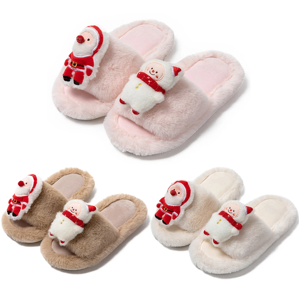 Christmas Printed Slippers Casual Soft Warm House Slippers Cozy Fluffy Thickened Scuff Bedroom Shoes