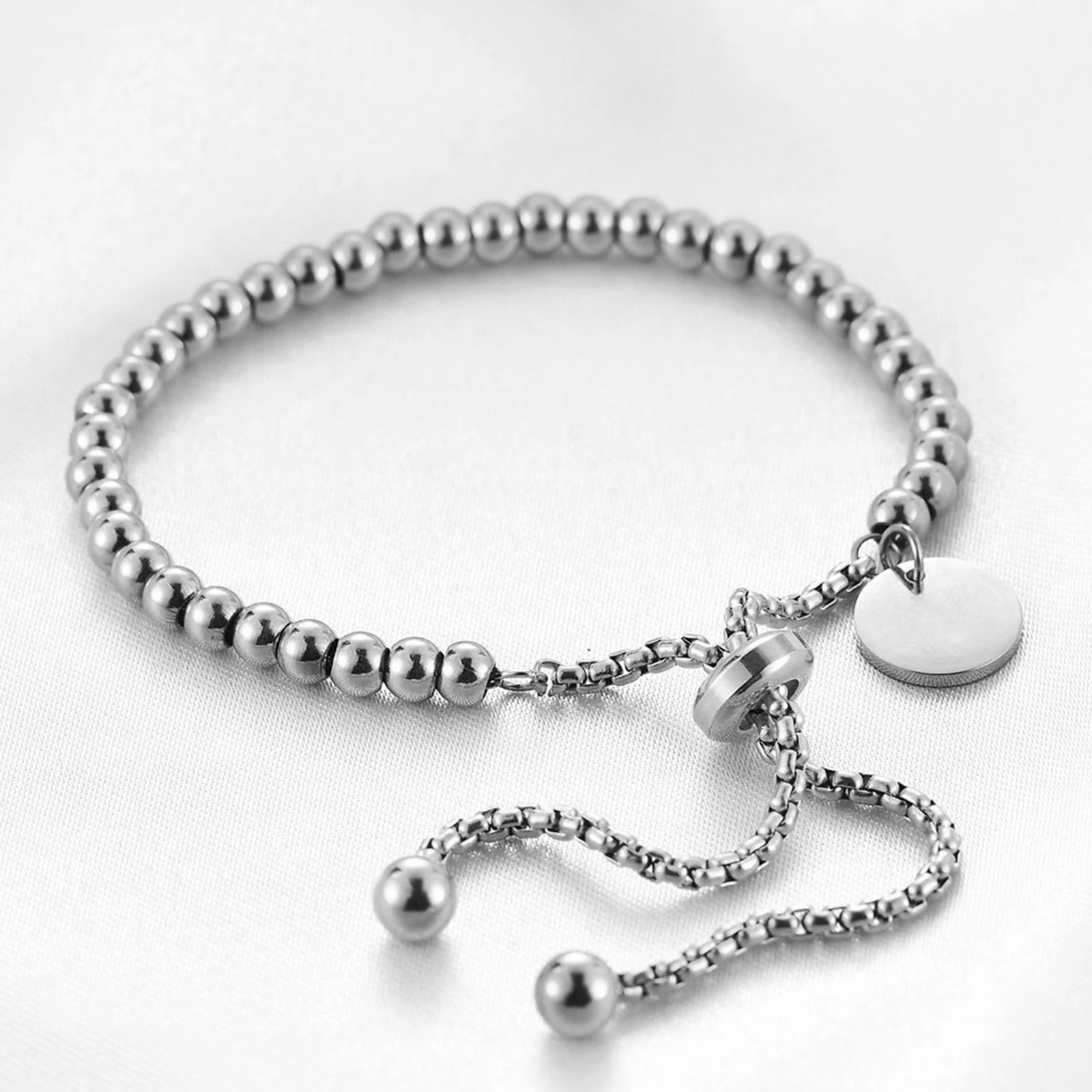 

316L Stainless Steel Stylish Adjustable Slider/ Slide Bolo Bracelets Silver Tone Round Beaded 16cm-23cm long, 1 Piece