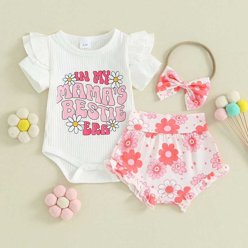 

Yoawdats Newborn Baby Girls Shorts Set Short Sleeve Letters Print Romper with Floral Shorts and Hairband 3Pcs Summer Outfit