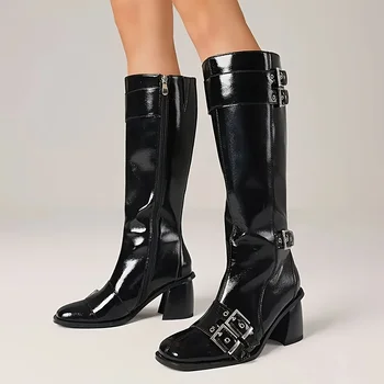 Raya Knee High Square Toe Chunky Heel Metal Buckle Strap Boots 1