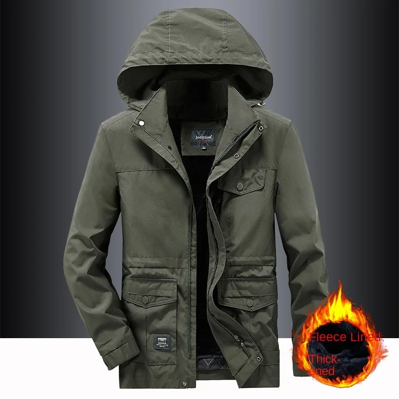 Men's Winter Tactical Coat Plush Thickened Cotton Jacket Multi Pocket Work Loose Coat Medium Length Jackets Outdoor Sports Coats