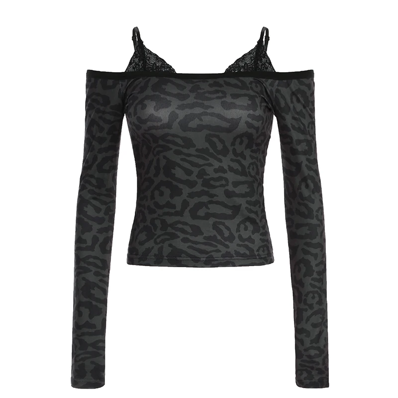 Vintage Animal Patterns Lace Strappy T-shirt Off Shoulder Sexy Fitted Cropped Top Y2K Long Sleeve Tee Street Outfits