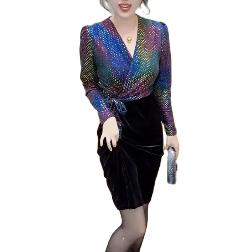 

Fake Two-piece Long-sleeved V-neck Dress Female 2024 Autumn And Winter New Fashion Exotic Sexy Sequins Joker Casual Skirt Female