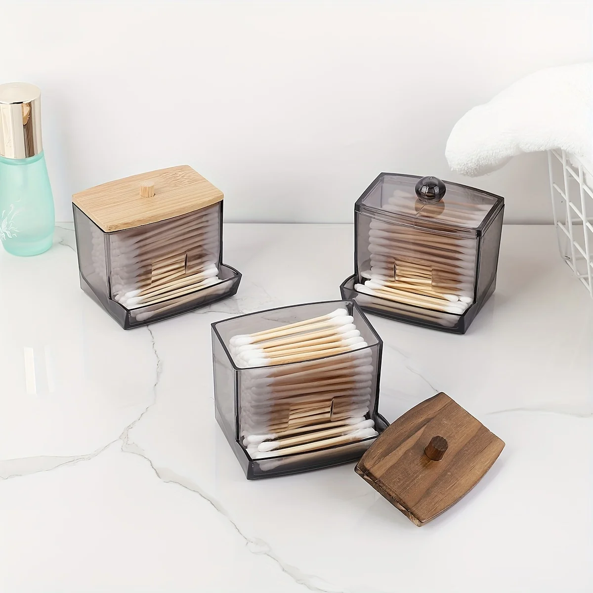 Acrylic Cotton Swab Holder with Bamboo Lid Clear Dispenser Bathroom Containers Canister Cotton Swab Holder Bathroom Accessories 3