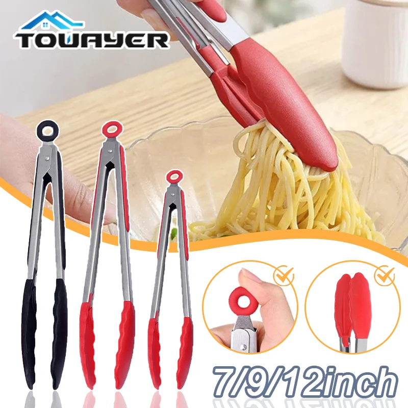 Silicone BBQ Grilling Tong Kitchen Cooking Salad Bread Serving Tong Non-Stick Barbecue Clip Clamp Stainless Steel Tools Gadgets