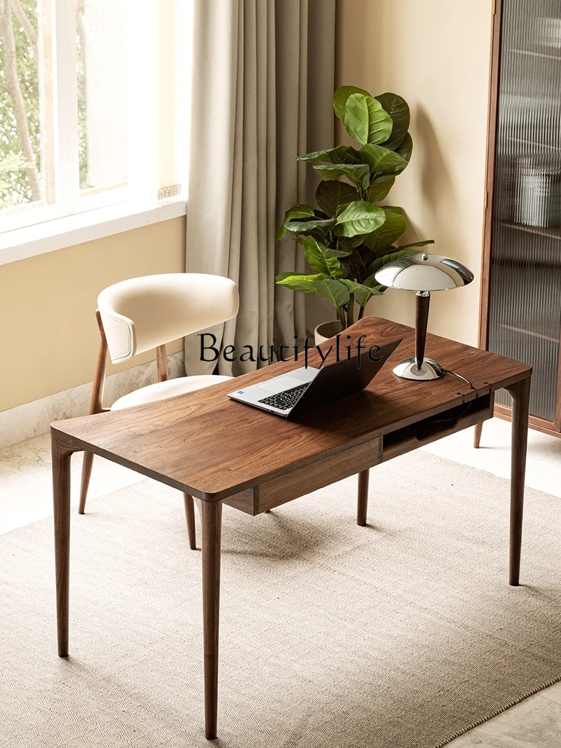 

Black Walnut Solid Wood Desk Light Luxury Curved Home Study Modern Minimalist Office Computer Desk