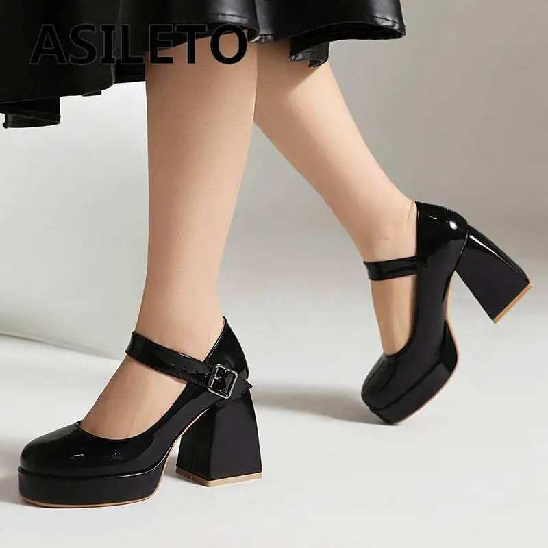 

ASILETO Mary Jane Women Pumps Round Toe Block Heel 9cm Platform 2cm Buckle Strap Sweet Dating Shoes For Female Big Size 45 46