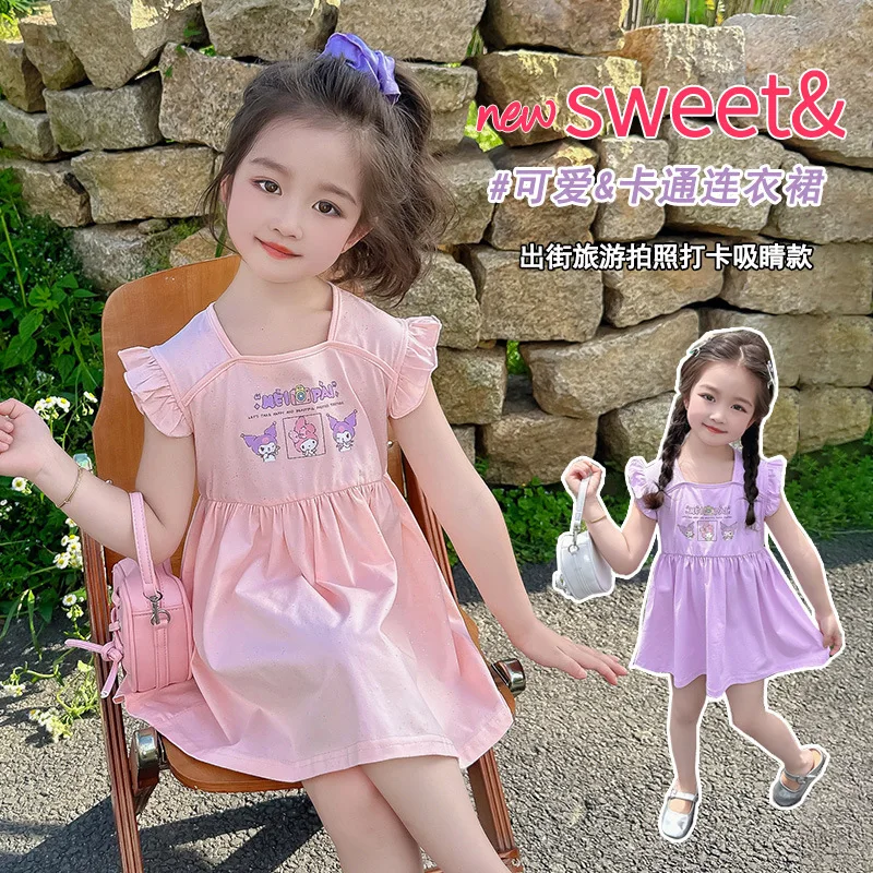 

Summer Kuromi My Melody Girls Dress Kawaii Sanrioed Anime Children Short Sleeve Dress Skirt Sweet Cute Princess Dress Kid Gift