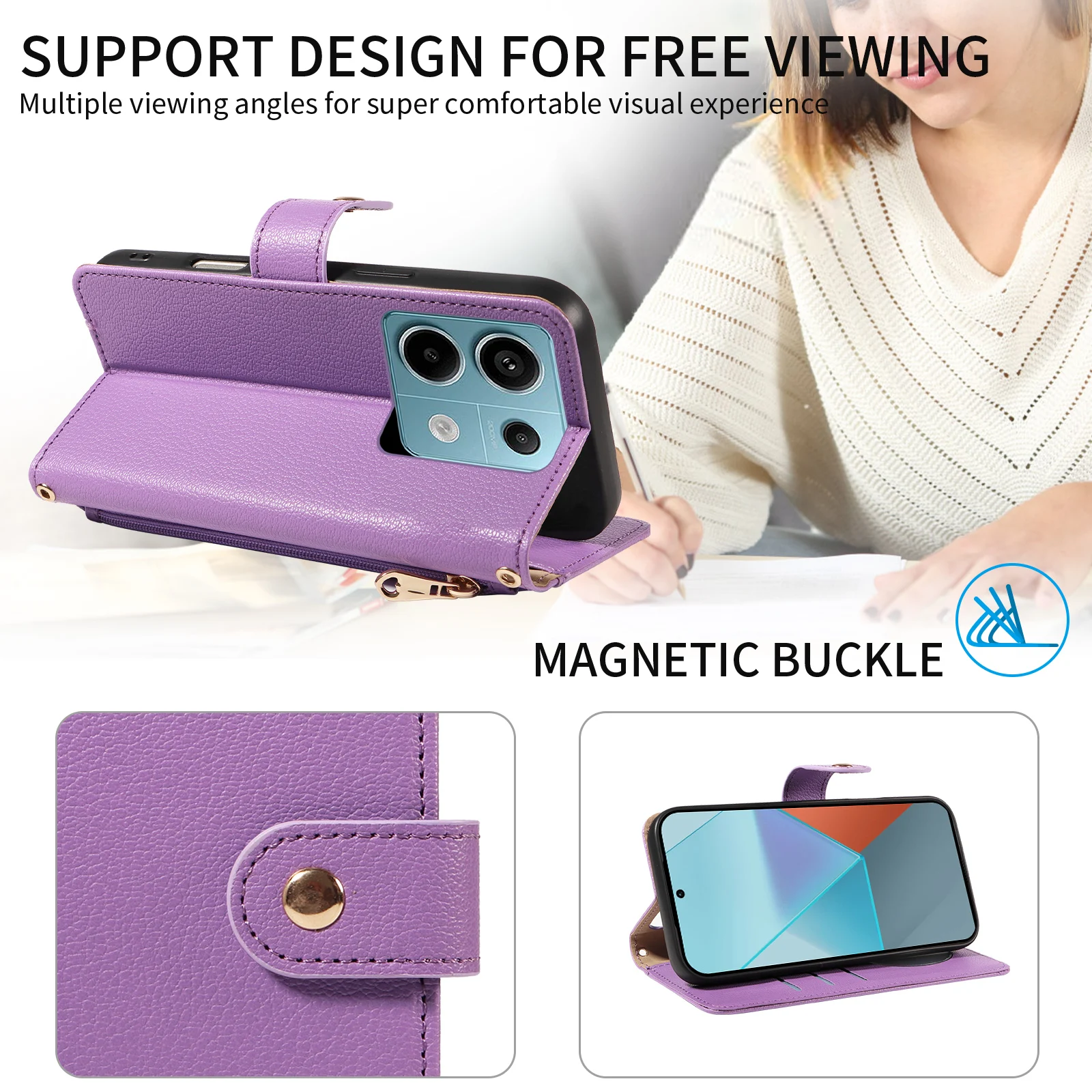 Women's Faux Leather Crossbody Protective Case with Coin Purse, Multi-Card Slots, Mirror, and Makeup Holder